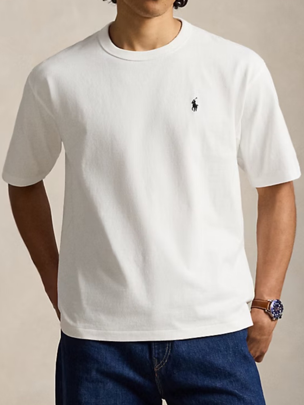 Ralph Lauren White Crewneck Tee with Navy Blue Polo Logo Mens Larger